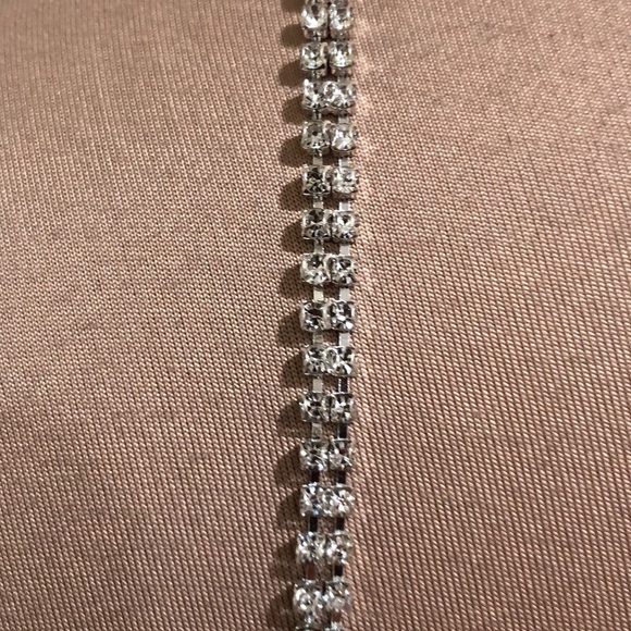 Francesca’s Collection Dress Size Large Blue Silver Rhinestone Caged Plunge Neck - Picture 6 of 8